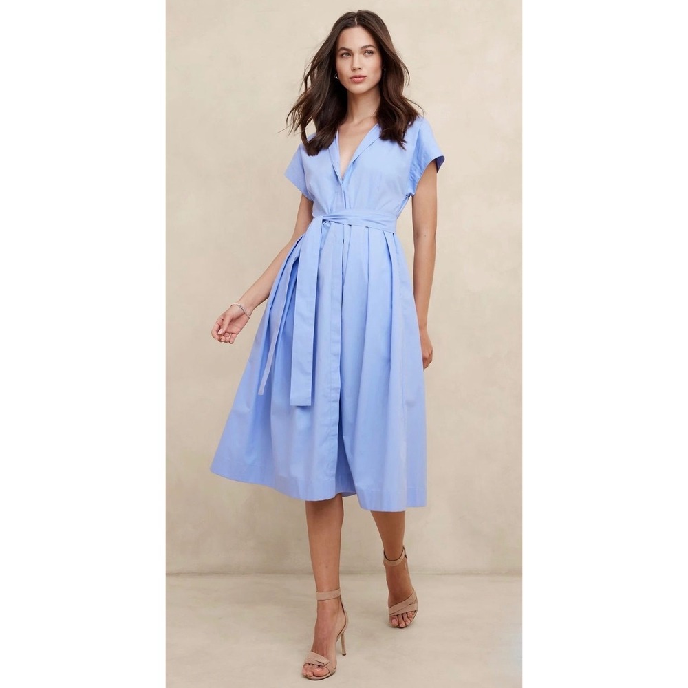 Banana Republic Factory Poplin Tie-Waist Midi Dress Blue Cap Sleeve Pleated XS